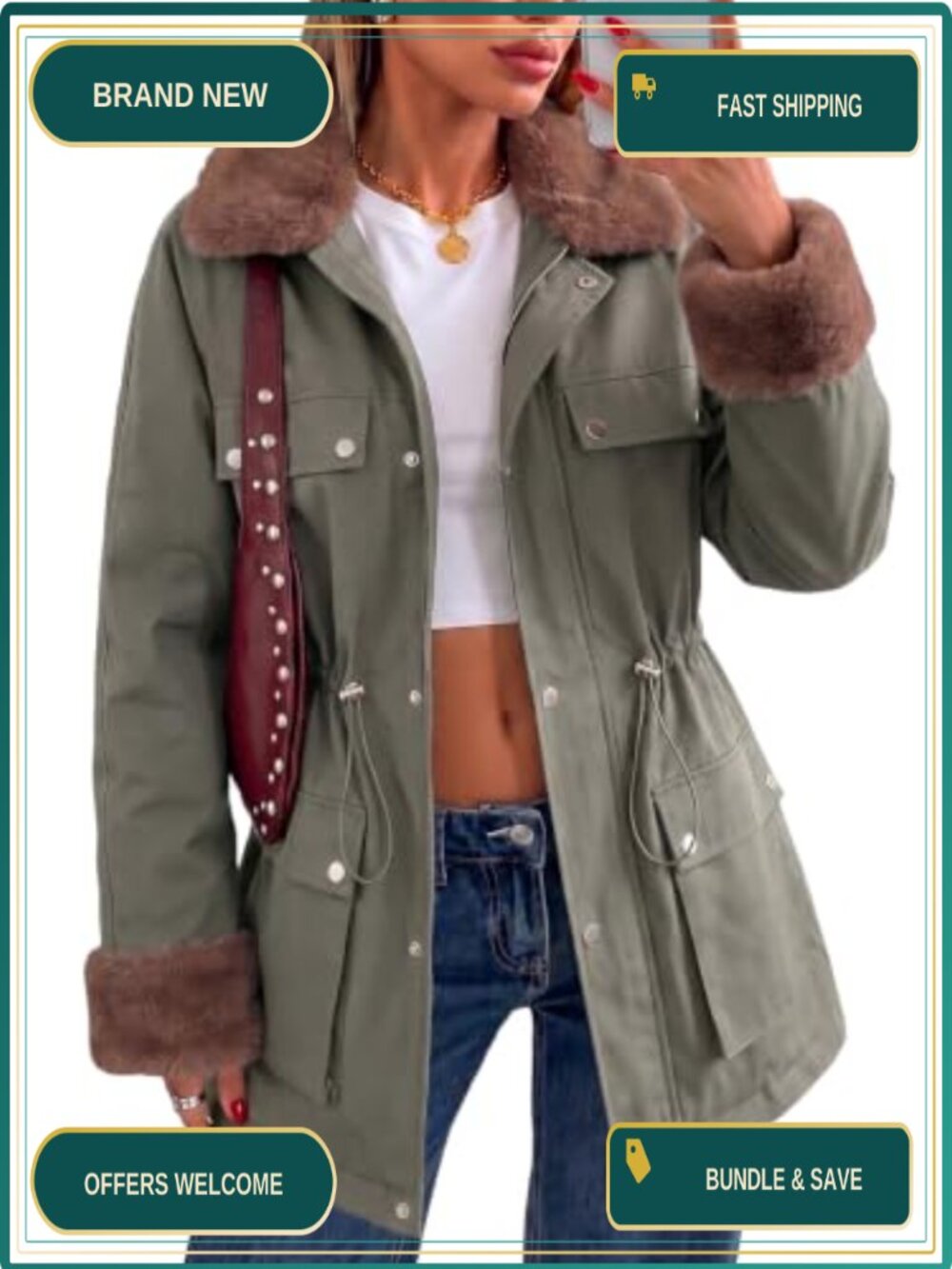 Faux Fur Collar Trench Coat Zip Up Utility Jacket Plaid Lined Drawstring Waist